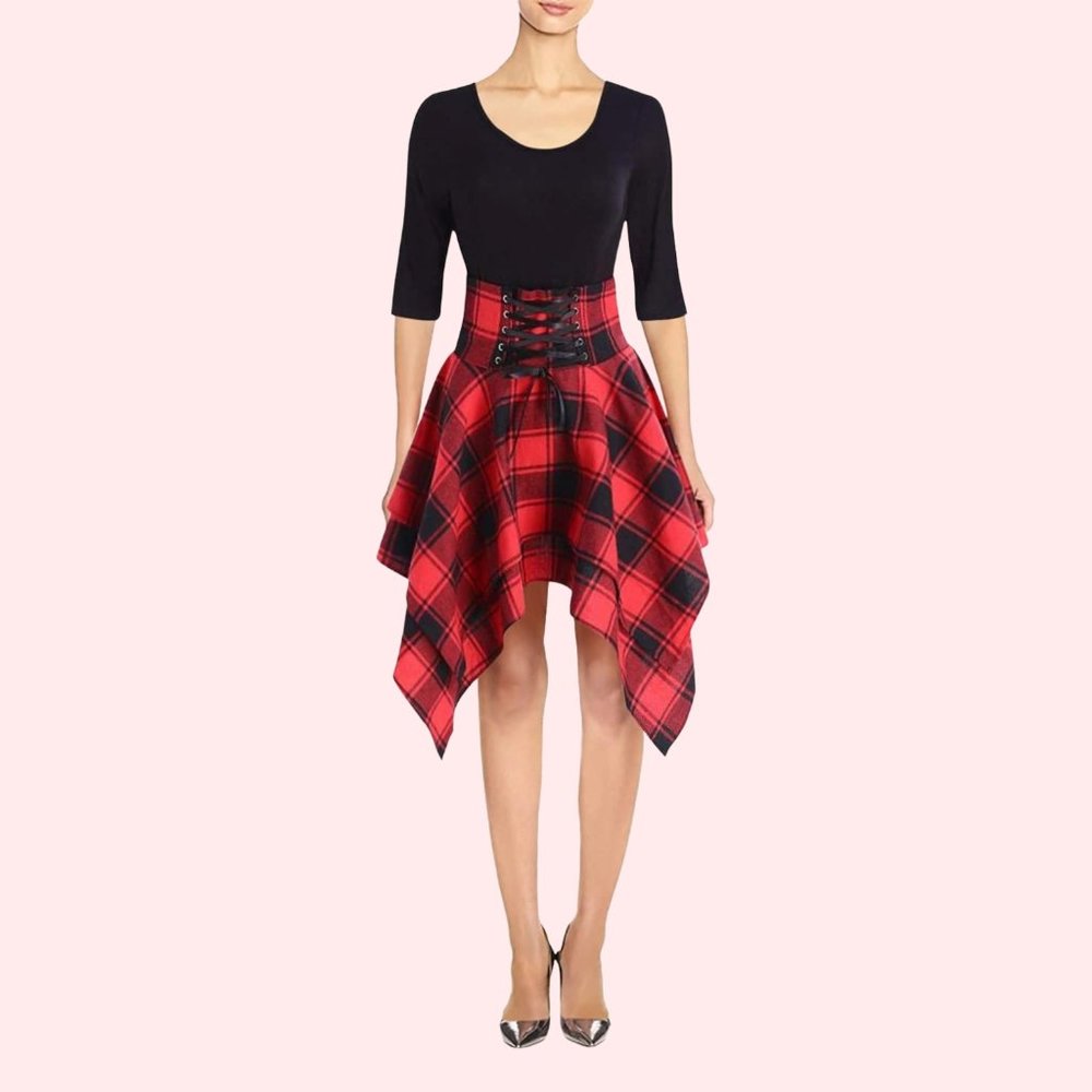 NWOT ♡ Dressfo ♡ Tartan Plaid ♡ Asymmetrical Dress ♡ Lace-Up ♡ Handkerchief